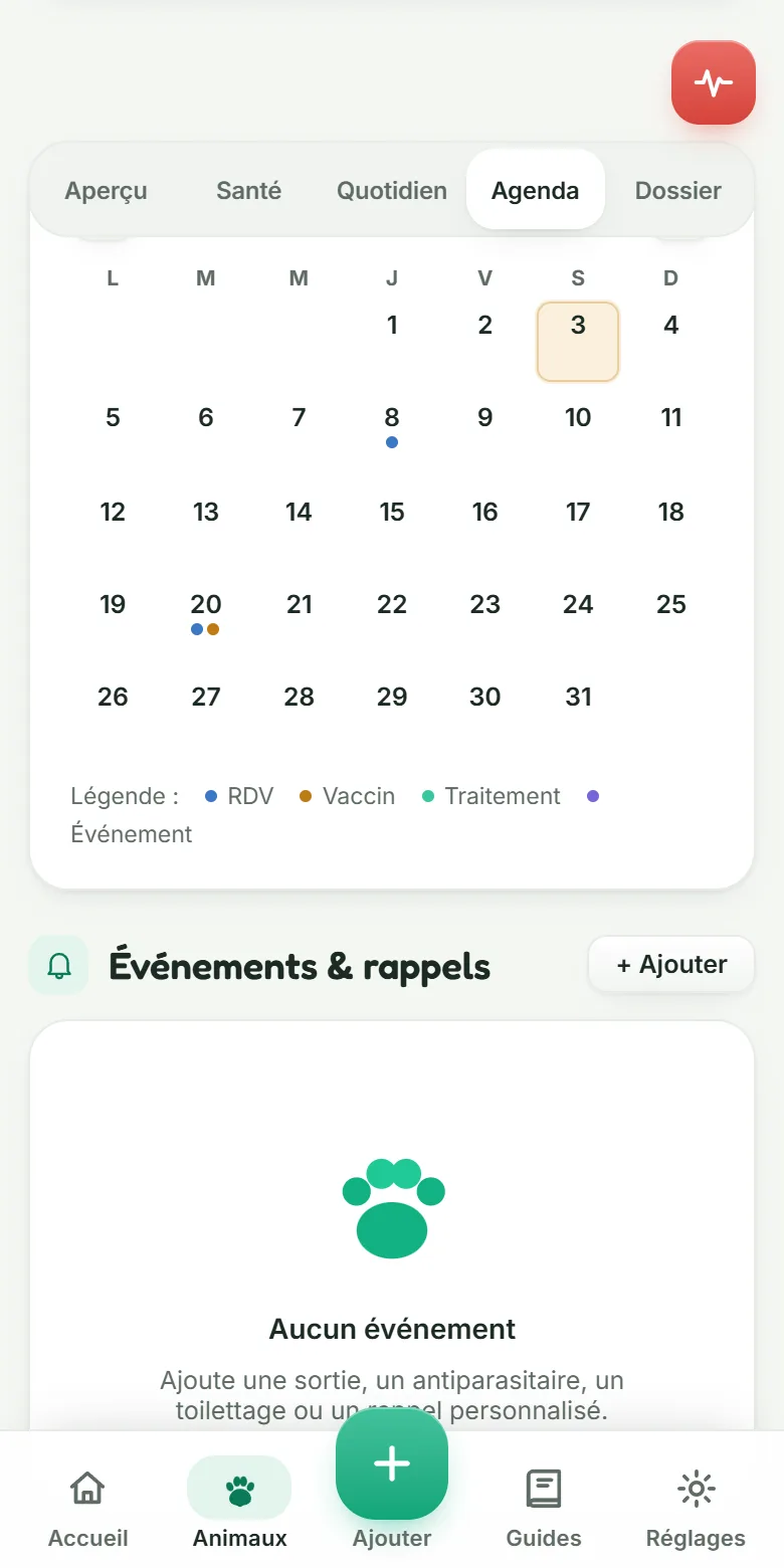 Agenda mensuel de Pawtoun avec les rendez-vous, vaccins et traitements de l'animal