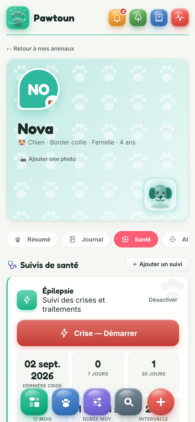 Onglet Santé avec le suivi des crises d'épilepsie