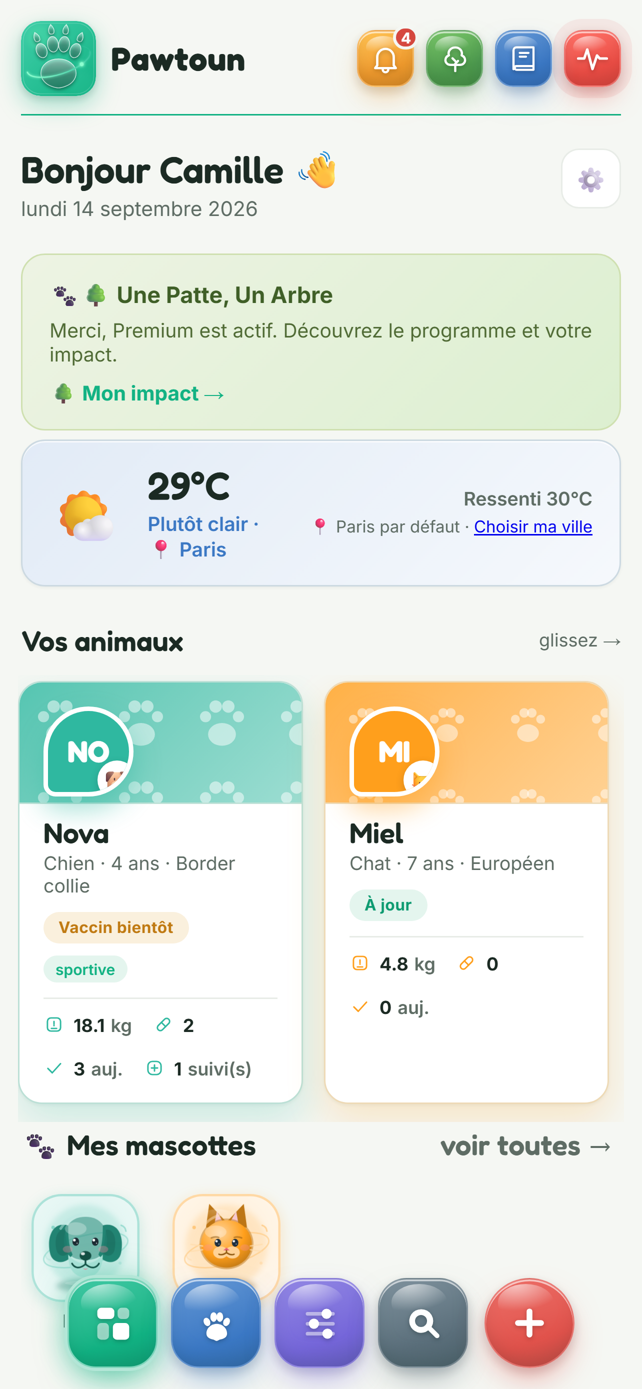 Tableau de bord Pawtoun avec les animaux et les prochaines échéances